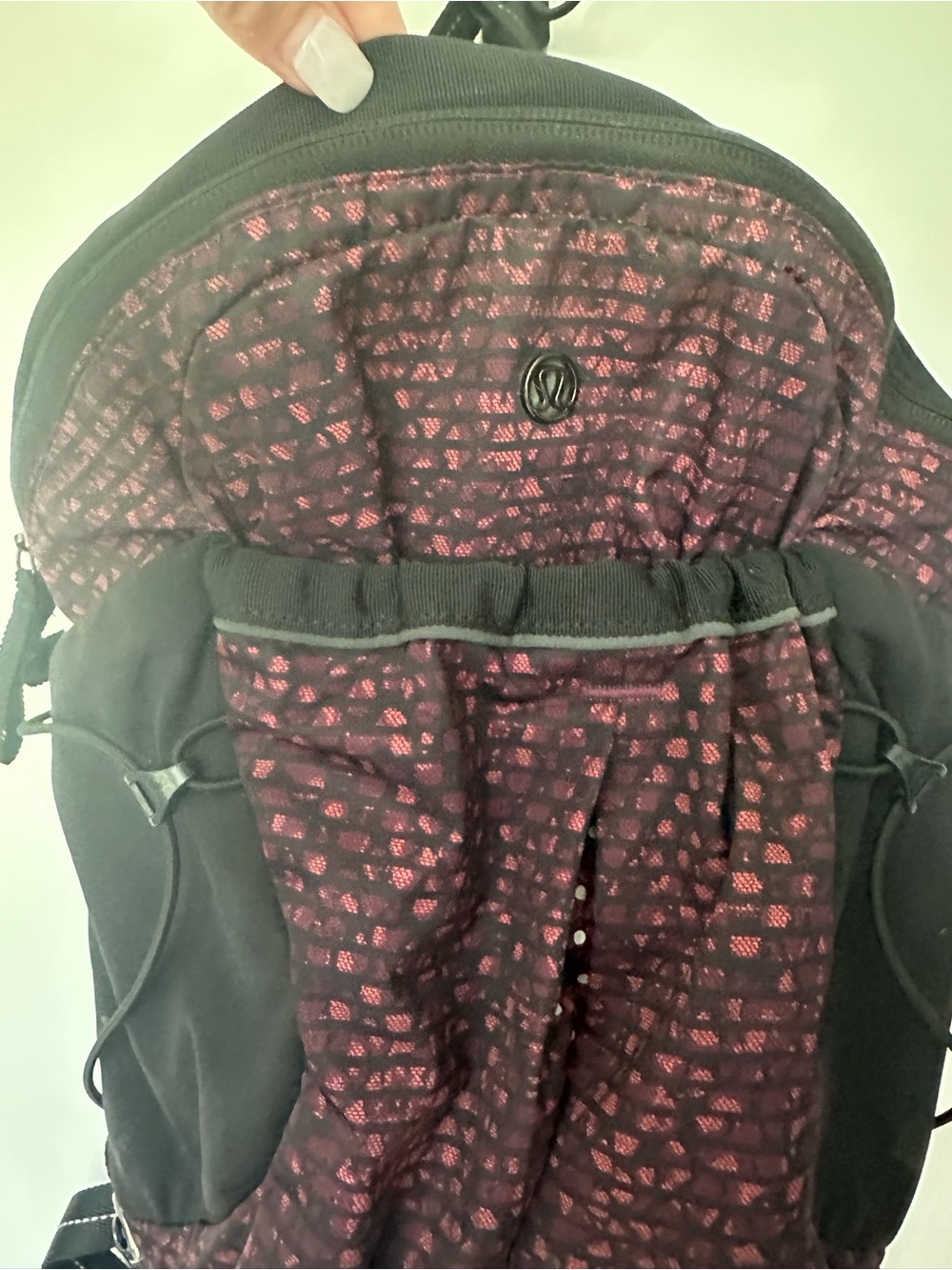 lululemon athletica Black Backpack with Pink Patterned Lining Small Version